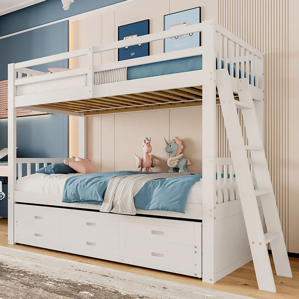 Lit Superposé 90x200 cm avec Lit Gigogne et 3 Tiroirs - Bois de Pin et MDF - Sans Matelas - Blanc