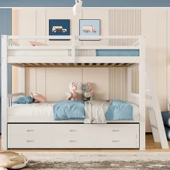 Lit Superposé 90x200 cm avec Lit Gigogne et 3 Tiroirs - Bois de Pin et MDF - Sans Matelas - Blanc