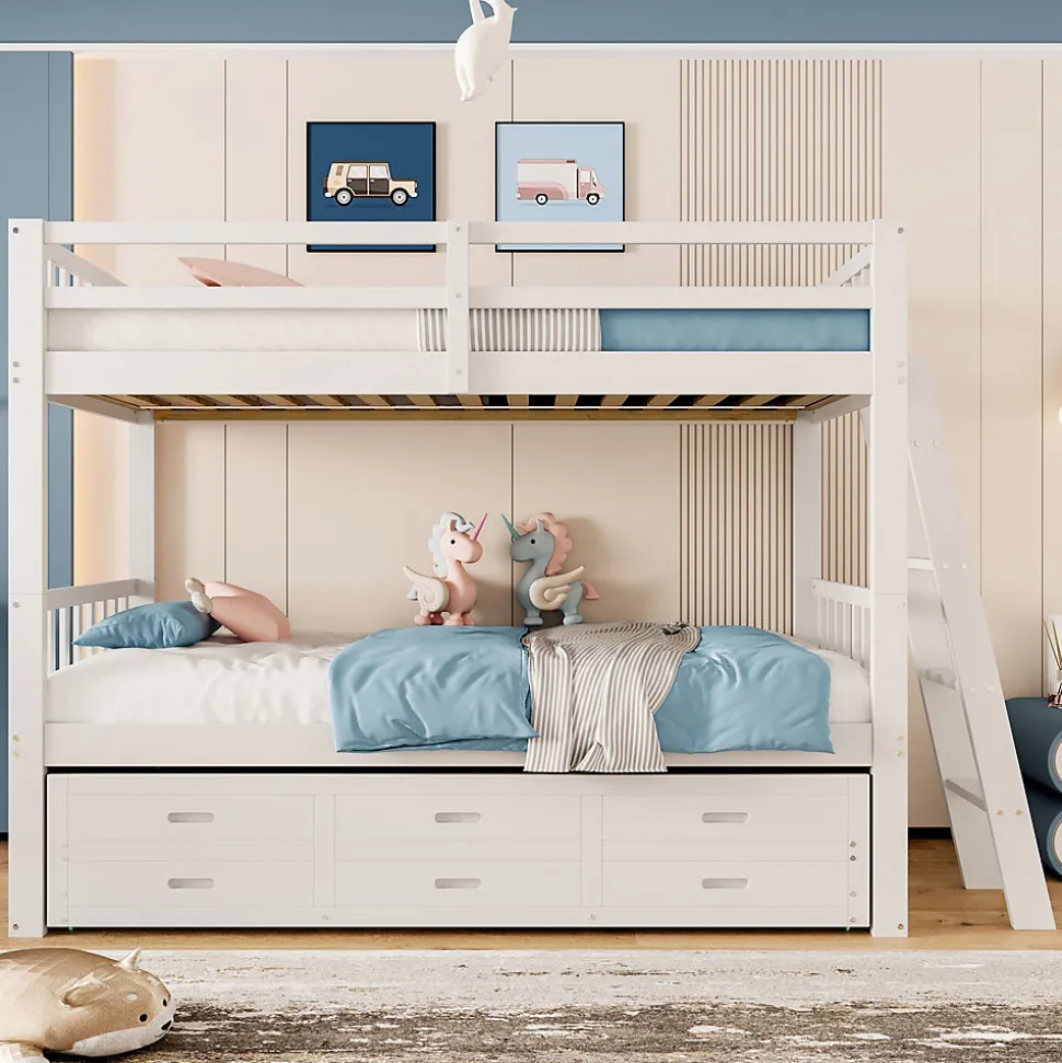 Lit Superposé 90x200 cm avec Lit Gigogne et 3 Tiroirs - Bois de Pin et MDF - Sans Matelas - Blanc