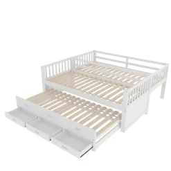 Lit Superposé 90x200 cm avec Lit Gigogne et 3 Tiroirs - Bois de Pin et MDF - Sans Matelas - Blanc
