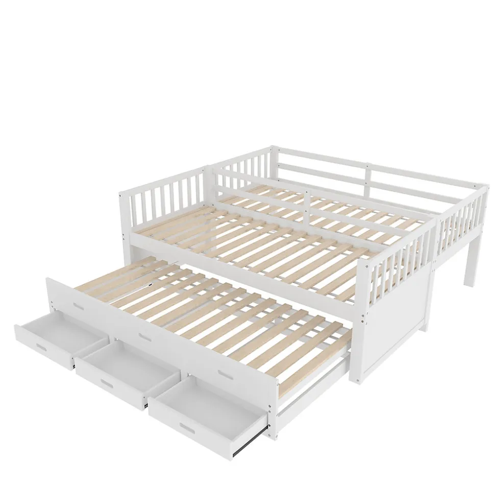 Lit Superposé 90x200 cm avec Lit Gigogne et 3 Tiroirs - Bois de Pin et MDF - Sans Matelas - Blanc