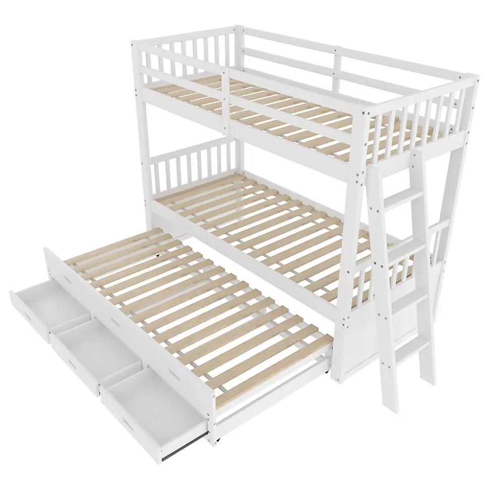 Lit Superposé 90x200 cm avec Lit Gigogne et 3 Tiroirs - Bois de Pin et MDF - Sans Matelas - Blanc