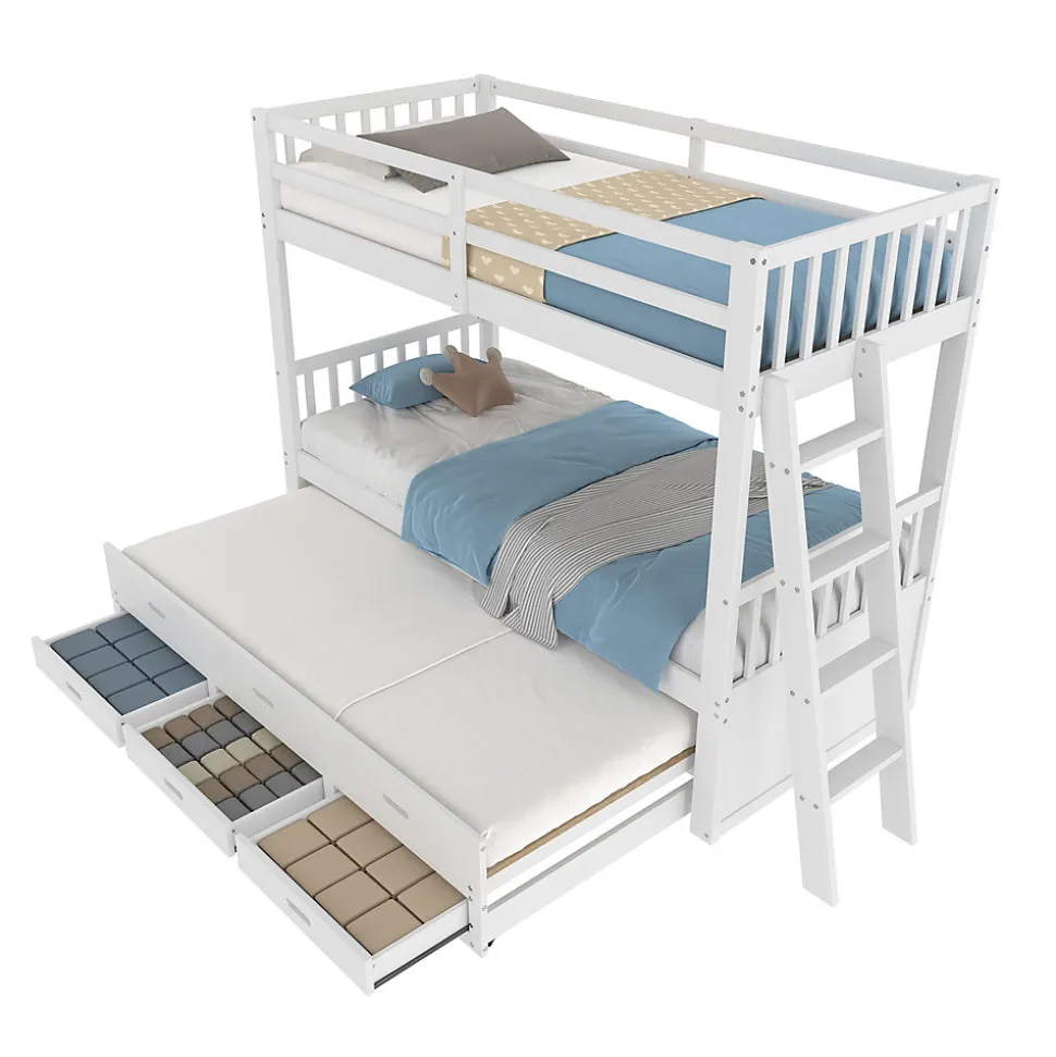 Lit Superposé 90x200 cm avec Lit Gigogne et 3 Tiroirs - Bois de Pin et MDF - Sans Matelas - Blanc