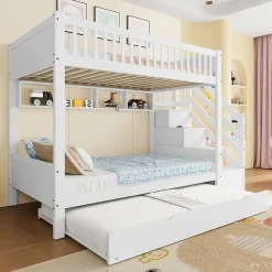 Lit superposé 90x200 cm avec lit gigogne et armoire intégrée, escalier coffre en pin blanc