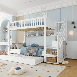 Lit superposé 90x200 cm avec lit gigogne et armoire intégrée, escalier coffre en pin blanc