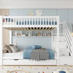 Lit superposé 90x200 cm avec lit gigogne et armoire intégrée, escalier coffre en pin blanc