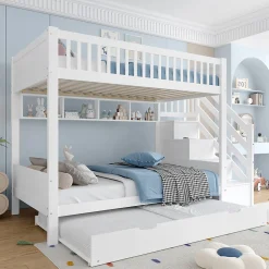 Lit superposé 90x200 cm avec lit gigogne et armoire intégrée, escalier coffre en pin blanc