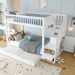 Lit superposé 90x200 cm avec lit gigogne et armoire intégrée, escalier coffre en pin blanc