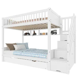 Lit superposé 90x200 cm avec lit gigogne et armoire intégrée, escalier coffre en pin blanc