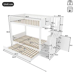 Lit superposé 90x200 cm avec lit gigogne et armoire intégrée, escalier coffre en pin blanc