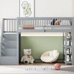 Lit superposé 90x200 cm avec rangements intégrés et échelle de sécurité en bois massif, gain de place