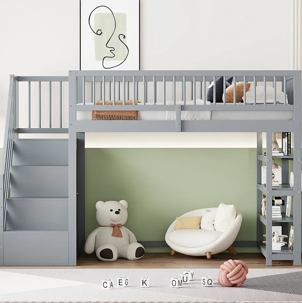 Lit superposé 90x200 cm avec rangements intégrés et échelle de sécurité en bois massif, gain de place