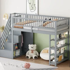 Lit superposé 90x200 cm avec rangements intégrés et échelle de sécurité en bois massif, gain de place