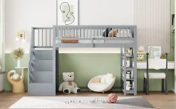 Lit superposé 90x200 cm avec rangements intégrés et échelle de sécurité en bois massif, gain de place