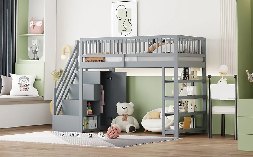 Lit superposé 90x200 cm avec rangements intégrés et échelle de sécurité en bois massif, gain de place