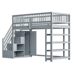 Lit superposé 90x200 cm avec rangements intégrés et échelle de sécurité en bois massif, gain de place