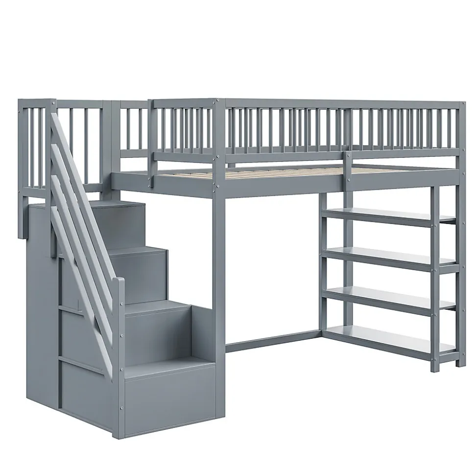 Lit superposé 90x200 cm avec rangements intégrés et échelle de sécurité en bois massif, gain de place