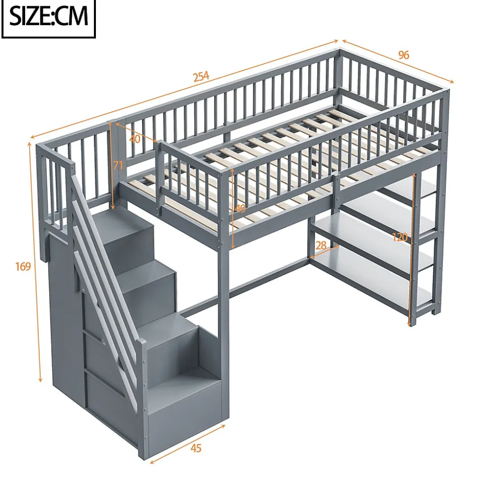 Lit superposé 90x200 cm avec rangements intégrés et échelle de sécurité en bois massif, gain de place