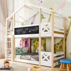 Lit superposé 90x200 cm avec sommier inclus et échelle intégrée, toit ludique et tableau, pin massif/MDF blanc