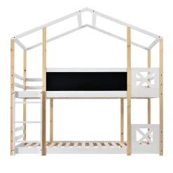 Lit superposé 90x200 cm avec sommier inclus et échelle intégrée, toit ludique et tableau, pin massif/MDF blanc