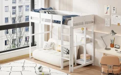 Lit superposé 90x200 cm avec étagère intégrée et garde-corps, structure en pin massif blanc, solution gain de place