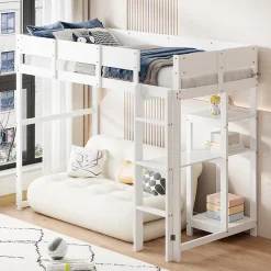 Lit superposé 90x200 cm avec étagère intégrée et garde-corps, structure en pin massif blanc, solution gain de place