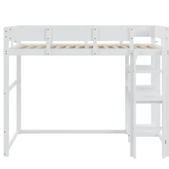 Lit superposé 90x200 cm avec étagère intégrée et garde-corps, structure en pin massif blanc, solution gain de place