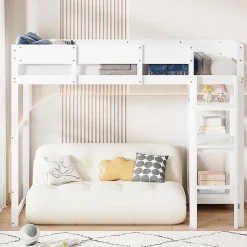 Lit superposé 90x200 cm avec étagère intégrée et garde-corps, structure en pin massif blanc, solution gain de place