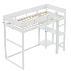 Lit superposé 90x200 cm avec étagère intégrée et garde-corps, structure en pin massif blanc, solution gain de place