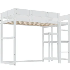 Lit superposé 90x200 cm avec étagère intégrée et garde-corps, structure en pin massif blanc, solution gain de place