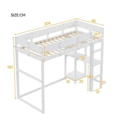 Lit superposé 90x200 cm avec étagère intégrée et garde-corps, structure en pin massif blanc, solution gain de place