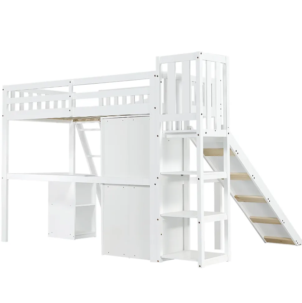 Lit superposé 90x200 cm avec table, armoire, sécurité, échelle 4 marches, cadre bois