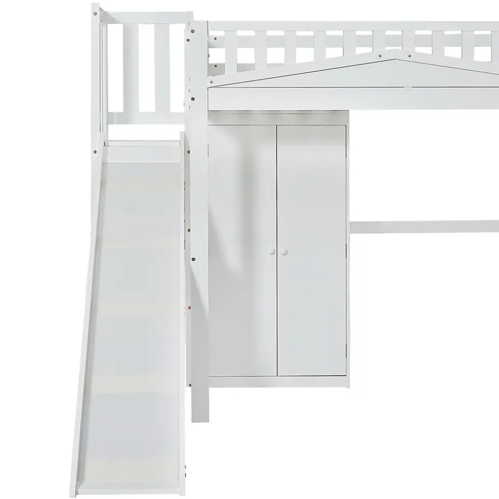 Lit superposé 90x200 cm avec table, armoire, sécurité, échelle 4 marches, cadre bois