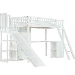 Lit superposé 90x200 cm avec table, armoire, sécurité, échelle 4 marches, cadre bois