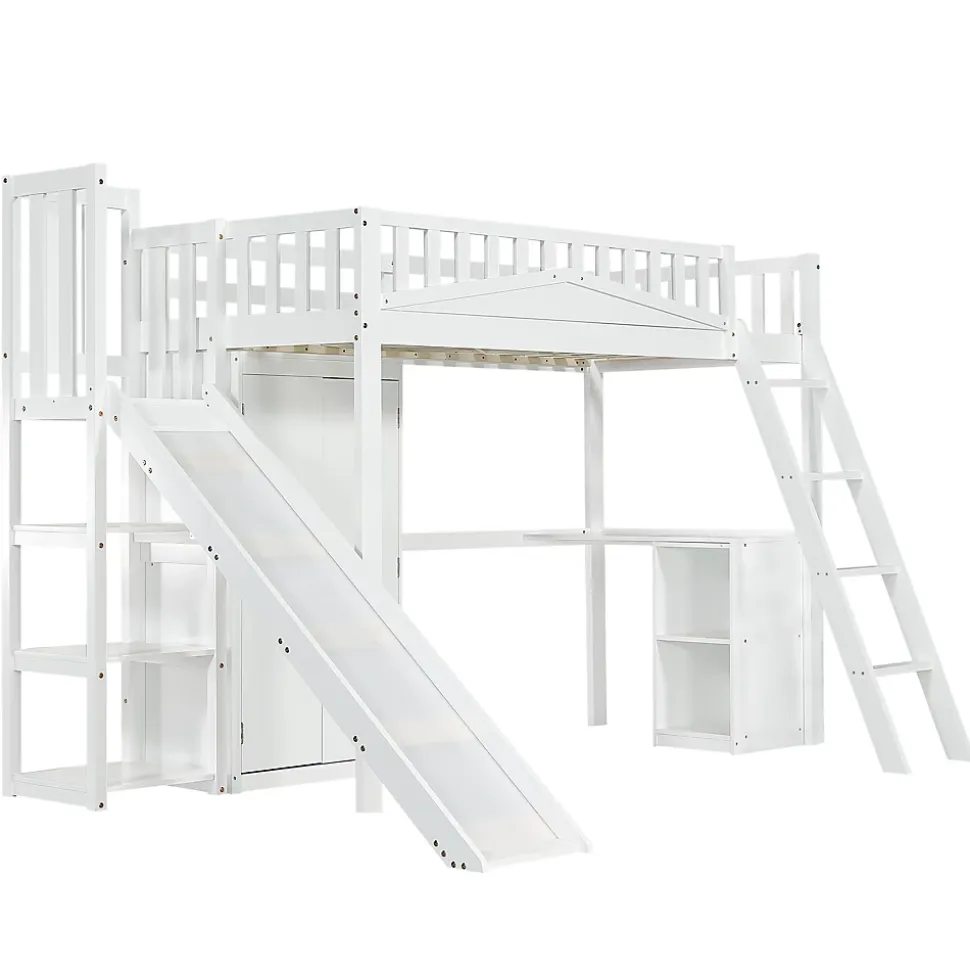 Lit superposé 90x200 cm avec table, armoire, sécurité, échelle 4 marches, cadre bois