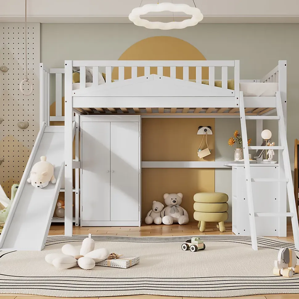 Lit superposé 90x200 cm avec table, armoire, sécurité, échelle 4 marches, cadre bois