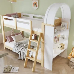 Lit superposé 90x200 cm avec étagère 3 niveaux et échelle 3 marches en pin massif/MDF