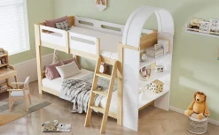 Lit superposé 90x200 cm avec étagère 3 niveaux et échelle 3 marches en pin massif/MDF