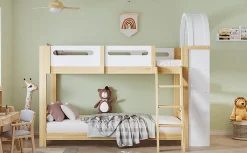 Lit superposé 90x200 cm avec étagère 3 niveaux et échelle 3 marches en pin massif/MDF