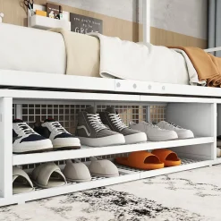 Lit superposé 90x200 cm avec étagère à chaussures intégrée et échelle 3 marches, métal blanc