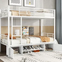 Lit superposé 90x200 cm avec étagère à chaussures intégrée et échelle 3 marches, métal blanc