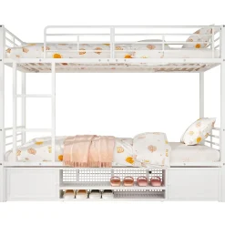 Lit superposé 90x200 cm avec étagère à chaussures intégrée et échelle 3 marches, métal blanc