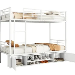 Lit superposé 90x200 cm avec étagère à chaussures intégrée et échelle 3 marches, métal blanc