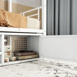 Lit superposé 90x200 cm avec étagère à chaussures intégrée et échelle 3 marches, métal blanc