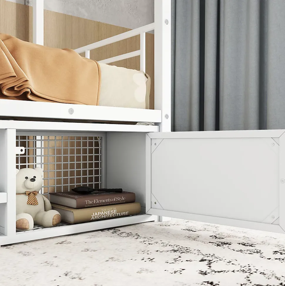 Lit superposé 90x200 cm avec étagère à chaussures intégrée et échelle 3 marches, métal blanc