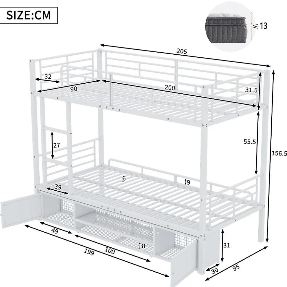 Lit superposé 90x200 cm avec étagère à chaussures intégrée et échelle 3 marches, métal blanc
