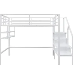 Lit superposé 140x200 cm avec étagères intégrées et échelle de rangement, structure métal blanche