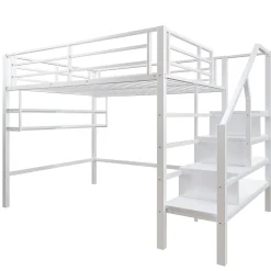 Lit superposé 140x200 cm avec étagères intégrées et échelle de rangement, structure métal blanche