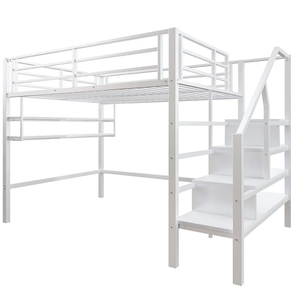 Lit superposé 140x200 cm avec étagères intégrées et échelle de rangement, structure métal blanche