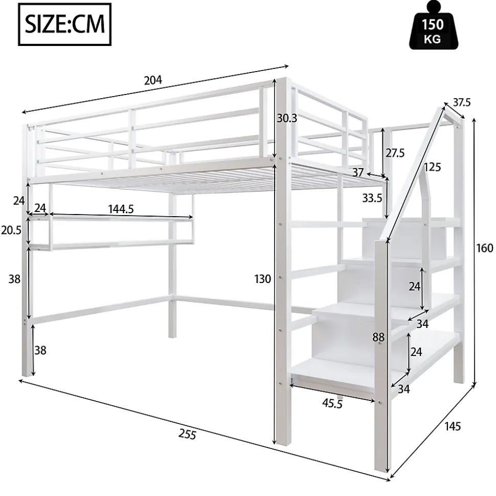 Lit superposé 140x200 cm avec étagères intégrées et échelle de rangement, structure métal blanche